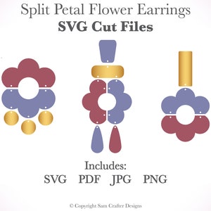 Puede incluir: Un par de pendientes de flor de pétalos partidos con un acento dorado. Los pendientes son en tonos de morado, rosa y dorado. La imagen incluye el texto "SVG Cut Files" y "Includes: SVG PDF JPG PNG".