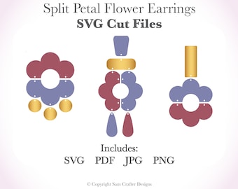 Split Petals Flower Earrings DIY Easy SVG Pdf PNG Cut Files Wood Leather Acrylic Glowforge Silhouette Cricut Cutting Machine Laser Cutter