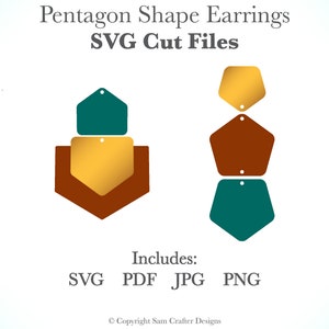 Può includere: Due set di orecchini sovrapposti a forma di pentagono. Ogni set include un pentagono turchese, oro e marrone. Gli orecchini sono per l'artigianato e sono disponibili nei formati di file SVG, PDF, JPG e PNG.