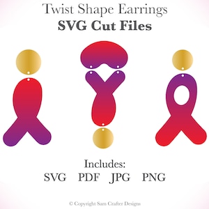May include: Three pairs of twist shape earrings in a gradient of red and purple. The earrings are made of a gold metal and have a twist design. The text "Twist Shape Earrings" and "SVG Cut Files" is at the top of the image. The text "Includes: SVG PDF JPG PNG" is at the bottom of the image.