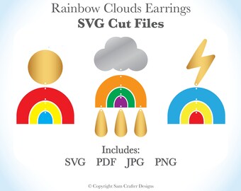 Three Arch Rainbow Earrings Clouds Sun Thunder DIY SVG Cut Files PNG Template Wood Leather Acrylic Glowforge Silhouette Cricut Laser Cutter