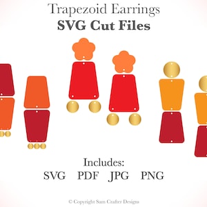 Peut inclure: Un ensemble de six fichiers de découpe SVG pour la création de boucles d'oreilles trapézoïdales. Les boucles d'oreilles sont rouges, orange et dorées. L'image comprend le texte "Trapezoid Earrings SVG Cut Files" et "Includes: SVG PDF JPG PNG".
