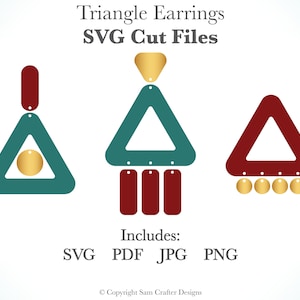 May include: Three pairs of triangle earrings in different colors. The earrings are made of gold, teal, and red. The earrings are available in SVG, PDF, JPG, and PNG formats. The text "Triangle Earrings" and "SVG Cut Files" is at the top of the image. The text "Includes: SVG PDF JPG PNG" is at the bottom of the image.