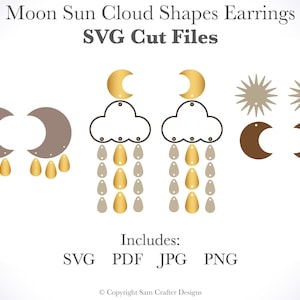 Puede incluir: Archivos de corte SVG para pendientes con formas de luna, sol y nube. Los pendientes son en tonos marrones, dorados y grises. El texto "Includes: SVG PDF JPG PNG" está en la parte inferior de la imagen.