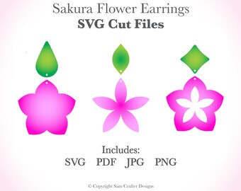 May include: Three pairs of pink and green sakura flower earrings. Each pair includes a flower, a leaf, and a small diamond shape. The text "Sakura Flower Earrings" and "SVG Cut Files" is at the top of the image. The text "Includes: SVG PDF JPG PNG" is at the bottom of the image.