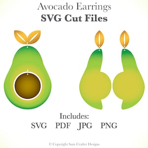 Puede incluir: Un par de pendientes con forma de aguacate con un degradado de verde y amarillo. Los pendientes están recortados y listos para ser utilizados en proyectos de manualidades. La imagen incluye el texto "Avocado Earrings SVG Cut Files" y "Includes: SVG PDF JPG PNG".