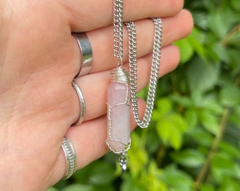 Rose Quartz Wire Wrapped Necklace, Rose Quartz Point Necklace, Wire Wrapped Rose Quartz, Crystal Necklace, Stainless Steel Chain, Rose Quart