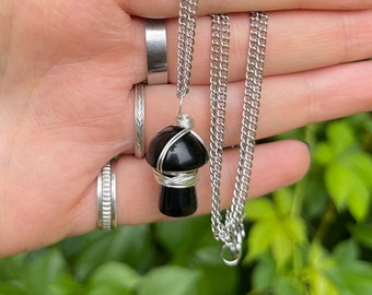 Wire Wrapped Obsidian Mushroom Necklace, Obsidian Mushroom, Wire Wrapped Mushroom, Crystal Mushroom, Obsidian Mushroom, Black Crystal