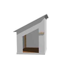 Puede incluir: Una caseta para perros de madera blanca con un techo inclinado y una pequeña entrada. La caseta tiene un suelo de madera en el interior.