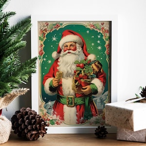 vintage Holly Bordered Santa Card Canvas Wall Art, Art de la carte de Noël, Art mural pour enfants, Art des fêtes, Impression d’art saisonnière d’hiver