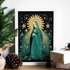 Maria met halo en sterren canvas muurkunst, kerstkaartkunst, christelijke muurkunst, vakantiekunst, religieuze kunstafdruk