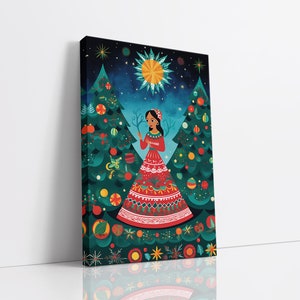 Feliz Navidad Girl Canvas Wall Art, Art de la carte de Noël, Art populaire mexicain, Art des fêtes, Impression d’art saisonnière d’hiver