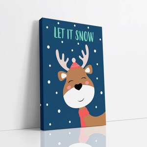Cartoonachtig rendier canvas muurkunst, kerstkaartkunst, kunst aan de muur kinderen, vakantie kunst, winter seizoensgebonden kunstafdruk