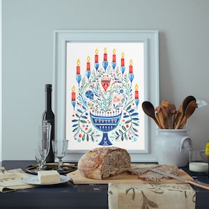 Watercolor Menorah Canvas Wall Art, Holiday Art, Hanukkah Art, Jewish Holiday Print, Winter Seasonal Art Print