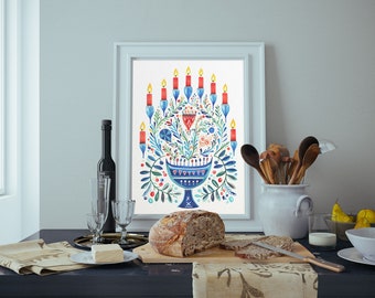 Acquerello Menorah Canvas Wall Art, Arte natalizia, Arte Hanukkah, Stampa festiva ebraica, Stampa artistica stagionale invernale