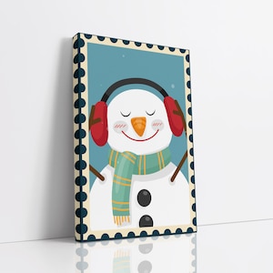 Christmas Snowman Stamp Canvas Wall Art, Christmas Card Art, Kids Wall Art, Holiday Art, Winter Seasonal Art Print