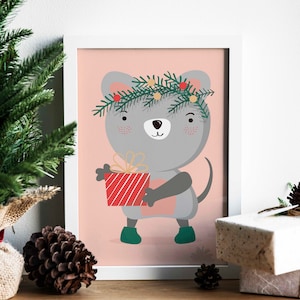 Art mural en toile de souris de Noël dessiné à la main, art de carte de Noël, art mural pour enfants, art de vacances, impression d’art saisonnière d’hiver