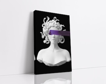Arte de pared de lienzo de Medusa púrpura moderno, lienzo de estilo urbano, arte de pared moderno, arte griego, decoración de pared para niños, impresión de arte de lienzo