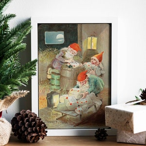 Santa's Helpers canvas muurkunst, kerstkaartkunst, vintage muurkunst, vakantiekunst, winterseizoenkunstafdruk