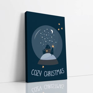 Acogedor arte de pared de lienzo de globo de nieve navideño, arte de tarjetas de Navidad, arte de pared para niños, arte navideño, impresión de arte de temporada de invierno