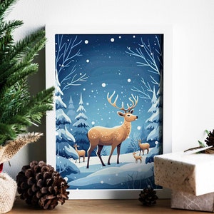 Rendierfamilie canvas muurkunst, kerstkaartkunst, kunst aan de muur kinderen, vakantie kunst, winter seizoensgebonden kunstafdruk