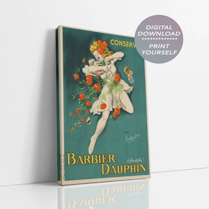 May include: Vintage poster advertising Barbier Dauphin, a brand of canned tomatoes. The poster features a woman in a white dress surrounded by red tomatoes, with the text "Conserve" and "Le fond d'artin!"  The poster is on a teal background.