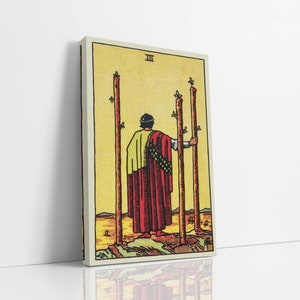 Trois de baguettes murales sur toile, art de la carte de tarot, impression d'art sur toile