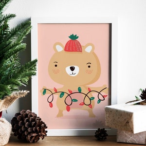 Art mural en toile d’ours de Noël dessiné à la main, art de carte de Noël, art mural pour enfants, art de vacances, impression d’art saisonnière d’hiver