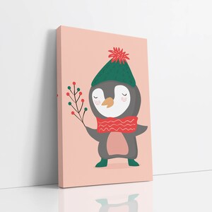 Art mural en toile de pingouin de Noël dessiné à la main, art de carte de Noël, art mural pour enfants, art de vacances, impression d’art saisonnière d’hiver