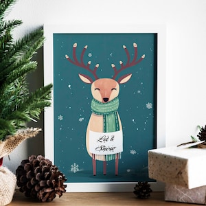 Laat het sneeuwen rendieren canvas muurkunst, kerstkaartkunst, kindermuurkunst, vakantiekunst, winter seizoensgebonden kunstafdruk