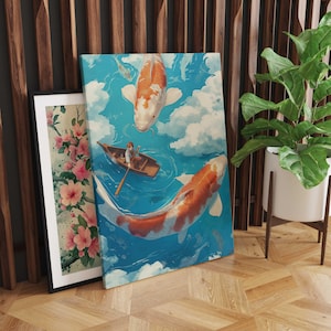 Toile d'art mural Koi Friends, art mural anime, art nostalgique, impression d'art sur toile animal