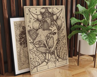 L&#39;arte della parete su tela Fox, tela di carte da gioco Lenormand, arte stregata, arte gotica, stampa artistica su tela