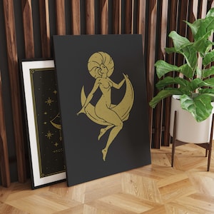 Riding the Moon Canvas Wall Art, Crystal Art, Witchy Art, Canvas Art Print