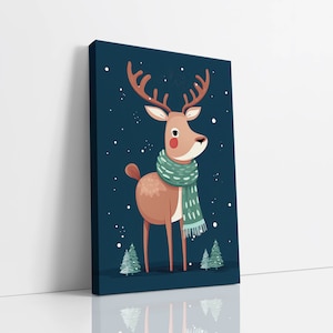 Rendier draagt een sjaal Canvas muurkunst, kerstkaartkunst, kindermuurkunst, vakantiekunst, winterseizoenkunstafdruk