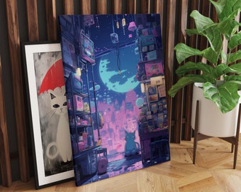 Chilling at Home with Your Cat Canvas Wall Art, Cyberpunk Art, Futuristic Art, Canvas Art Print