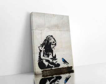 18in x 12in / 45cm x 30cm BANKSY GIRL BLUE BIRD QUOTE FRAMED CANVAS WALL ART PRINT ARTWORK GRAFFITI 