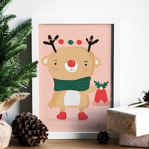 Handgetekende kerstrendier canvas muurkunst, kerstkaart kunst, kinder muurkunst, vakantie kunst, winter seizoensgebonden kunstafdruk