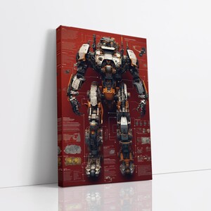 Könnte beinhalten: Ein detailliertes Diagramm eines großen, mechanischen Roboters vor rotem Hintergrund. Der Roboter besteht aus Metall und hat eine Vielzahl von Zahnrädern, Drähten und anderen mechanischen Teilen. Der Roboter steht aufrecht mit ausgestreckten Armen.