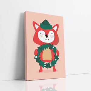 Art mural en toile de renard de Noël dessiné à la main, art de carte de Noël, art mural pour enfants, art de vacances, impression d’art saisonnière d’hiver