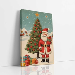 art mural vintage en toile du Père Noël et de l’arbre de Noël, art de la carte de Noël, art mural pour enfants, art des vacances, impression d’art saisonnière d’hiver