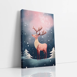 Roze aurora rendier canvas muurkunst, kerstkaart kunst, kunst aan de muur kinderen, vakantie kunst, winter seizoensgebonden kunstafdruk