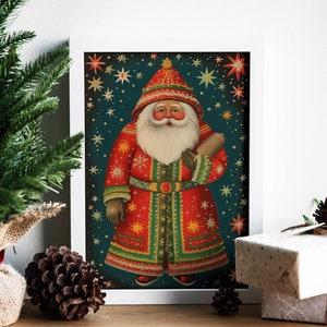 Folksy Santa Claus Canvas Wall Art, Art de la carte de Noël, Art mural pour enfants, Art des fêtes, Impression d’art populaire mexicain