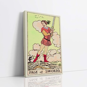 Arte de la pared de la lona de la página de espadas, arte de la carta del tarot, impresión del arte de la lona