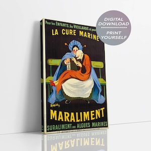 May include: Vintage French advertisement for Maraliment, a food supplement made with seaweed. The ad features a woman in a blue cloak and a red dress, holding a bottle of Maraliment and a child. The text reads "Pour les ENFANTS, les VIEILLARDS et pour LA CURE MARINE" and "MARALIMENT SURALIMENTAL ALGUES MARINES".