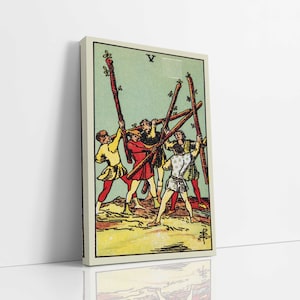Cinq de baguettes murales sur toile, art de la carte de tarot, impression d'art sur toile