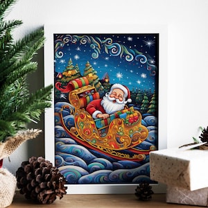 Trineo de Papá Noel en nubes arremolinadas lienzo arte de pared, arte de tarjetas de Navidad, arte de pared para niños, arte navideño, impresión de arte de temporada de invierno