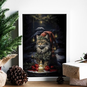 Lindo arte de pared de lienzo de gato de Yule, arte de tarjetas de Navidad, arte de pared para niños, arte navideño, impresión de arte de temporada de invierno