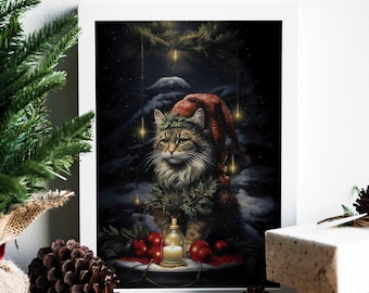 Cute Yule Cat Canvas Wall Art, Christmas Card Art, Kids Wall Art, Holiday Art, Winter Seasonal Art Print