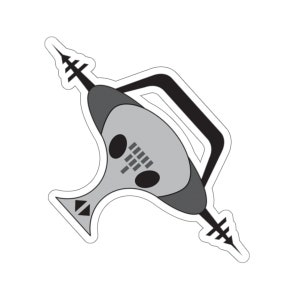 May include: A gray and black sticker of a stylized skull with antennas. The skull has a black handle and a series of black lines on the front.