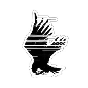 May include: Black and white illustration of a bird with its wings spread out, appearing to be flying through a digital glitch effect.